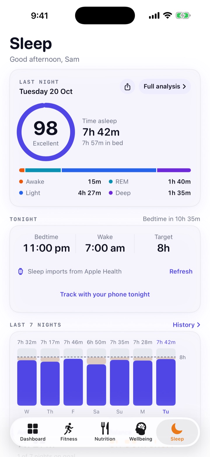 Ciyanu Sleep tab with a sleep score of 98 and the last seven nights