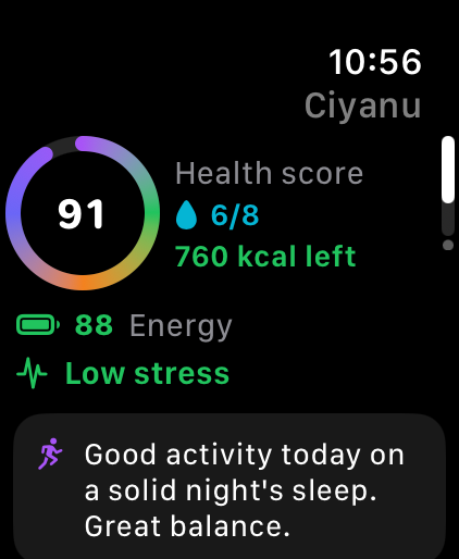 Ciyanu on Apple Watch showing a Health Score of 91